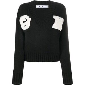Off-White Appliqued Alpaca Wool Blend V-Neck Sweater Black White LG-425